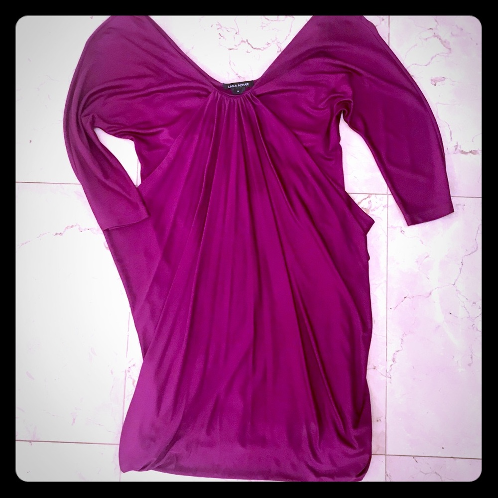 Plum color designer Jersey dress. 3/4 sleeves